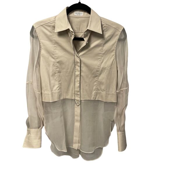 NWD Brunello Cucinelli Monili-Trim Shirt in Cotton Silk Blend Beige Womens XXS - Picture 2 of 12